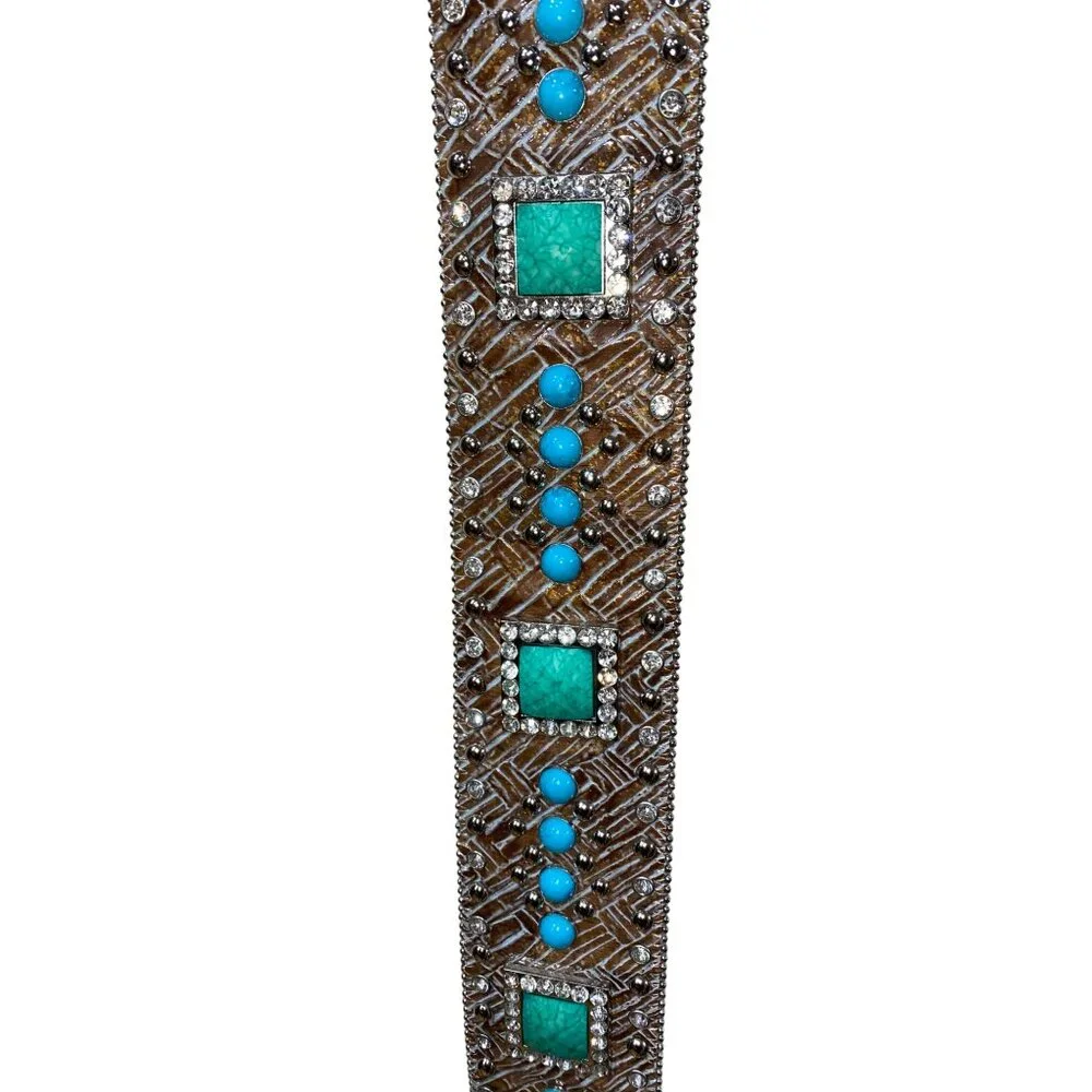 Ariat Wide Brown Western Rhinestone & Turquoise Genuine Leather Belt XL With Sil
